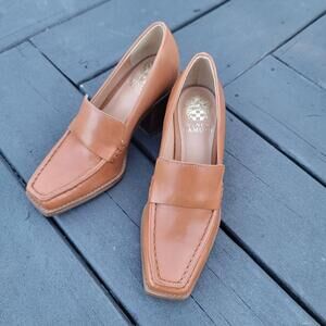 Vince Camuto - Women's Shoes Brown Segellis Stacked Heel Leather Loafers-Size 6